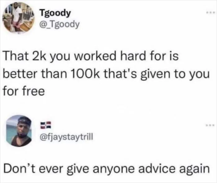 A funny comeback when someone replied to a post giving bad financial advice.