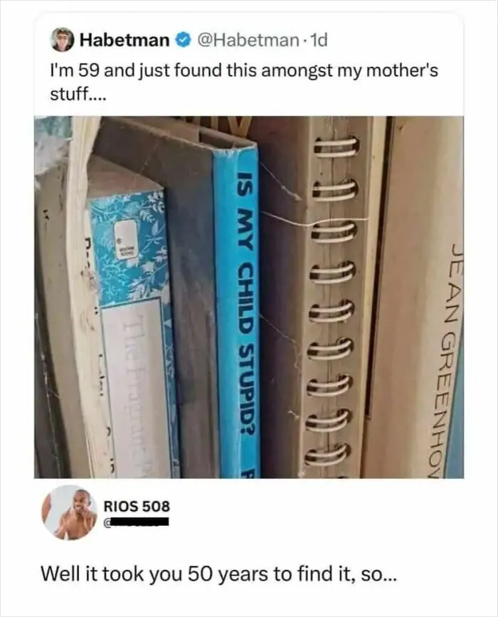 Cleverly replied tweet showing a book titled Is My Child Stupid with a funny comment about taking 50 years to find it.