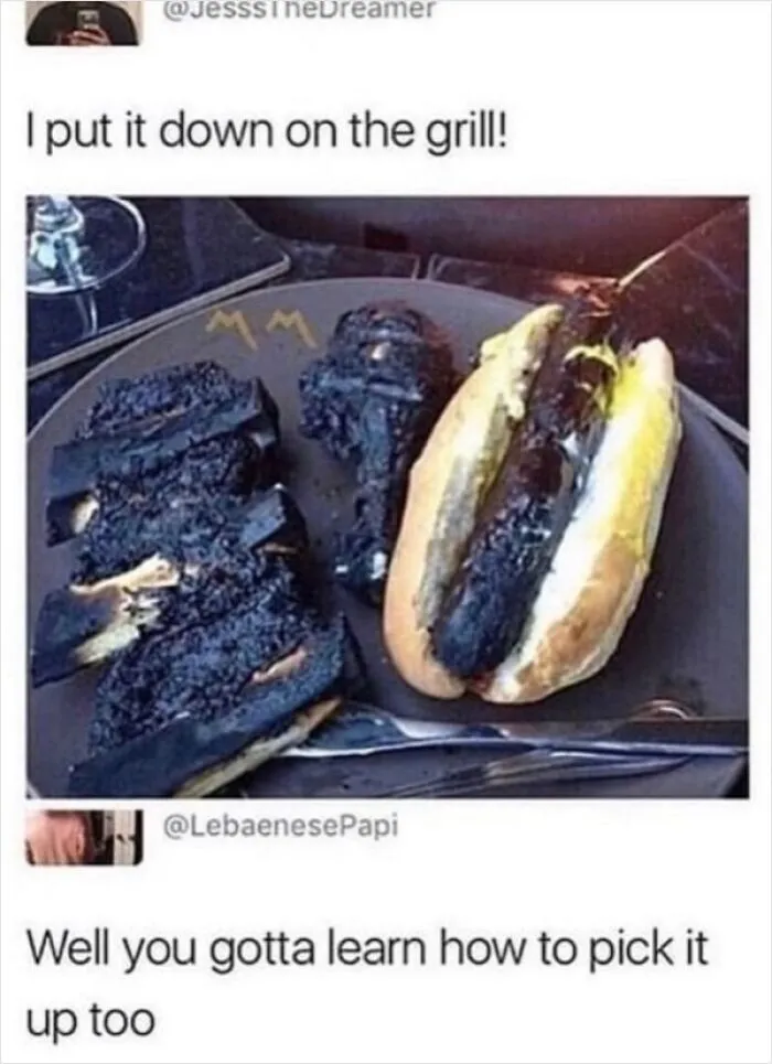 Burned food on a plate paired with a cleverly replied post about grill skills.