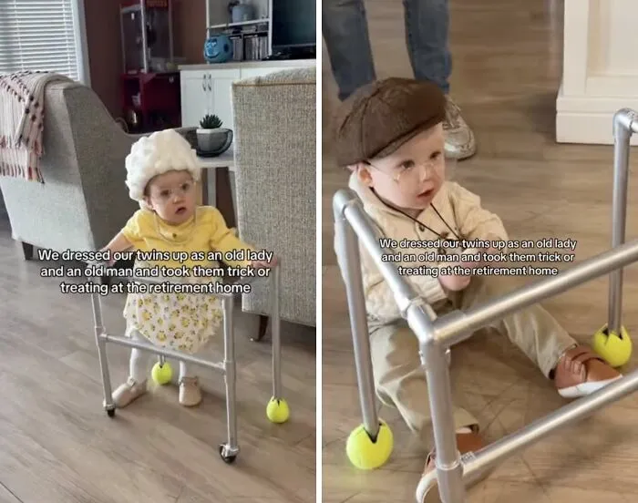 Toddler twins dressed up as elderly people with walkers in wholesome moments of Halloween fun.