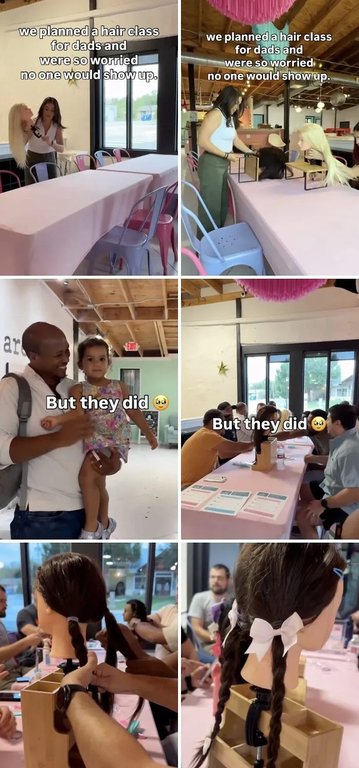 Dads learning how to braid hair at a workshop, reflecting wholesome moments shared online