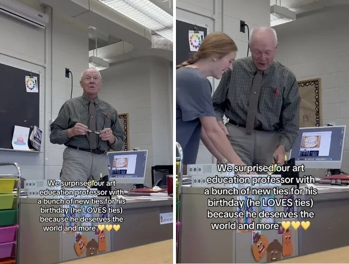 Happy professor surprised with new ties by students, capturing wholesome moments from the classroom.