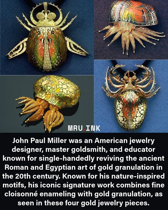 Detailed gold jewelry pieces by John Paul Miller, an example of fascinating photos and facts in art history.