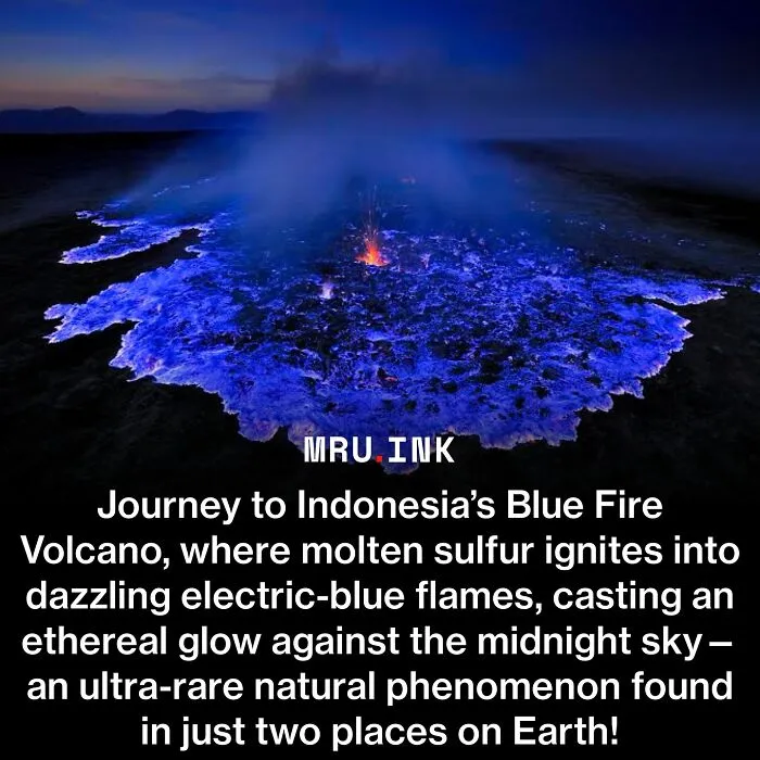 Electric blue flames glowing from an Indonesian volcano, offering fascinating photos and facts about nature.