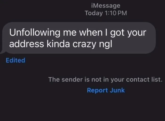 Awkward text screenshot of a threatening message after being unfollowed from an unknown sender.