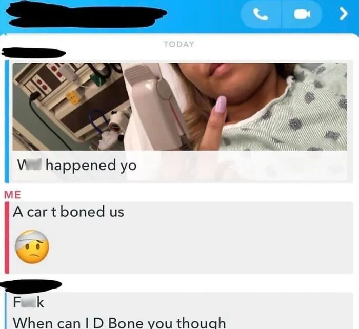 Awkward text screenshot of an inappropriate message sent to someone recovering in a hospital.