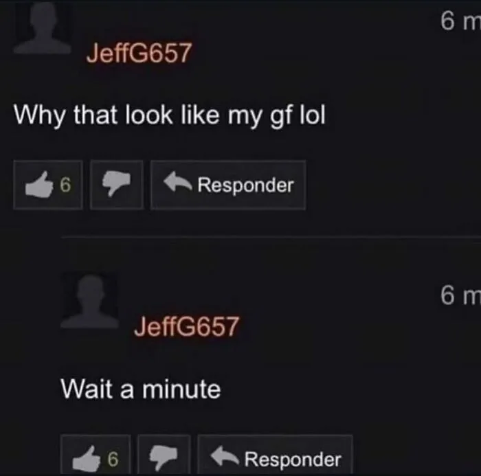 Awkward text screenshots of a user realizing a video features their girlfriend