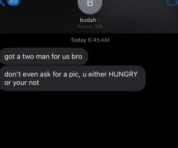 Text screenshots showing an awkward invitation to a two man setup.