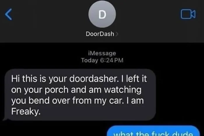 An awkward text screenshot from a food delivery driver making an uncomfortable comment.