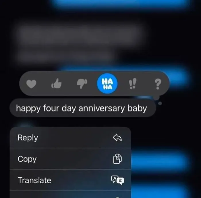 Awkward text screenshots featuring a message wishing a happy four day anniversary.