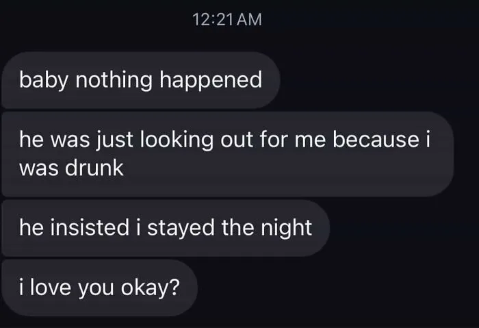 Text screenshots showing an awkward relationship conversation about staying the night at someone else's place.