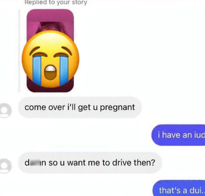 Awkward text screenshots of a bizarre flirtation exchange mentioning an IUD and driving.