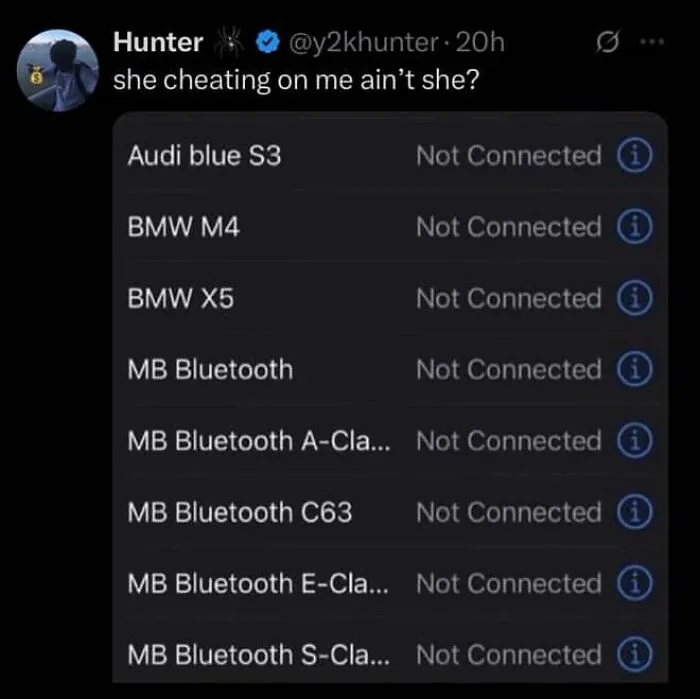 Text screenshots showing a suspicious Bluetooth device list as an awkward relationship discovery.