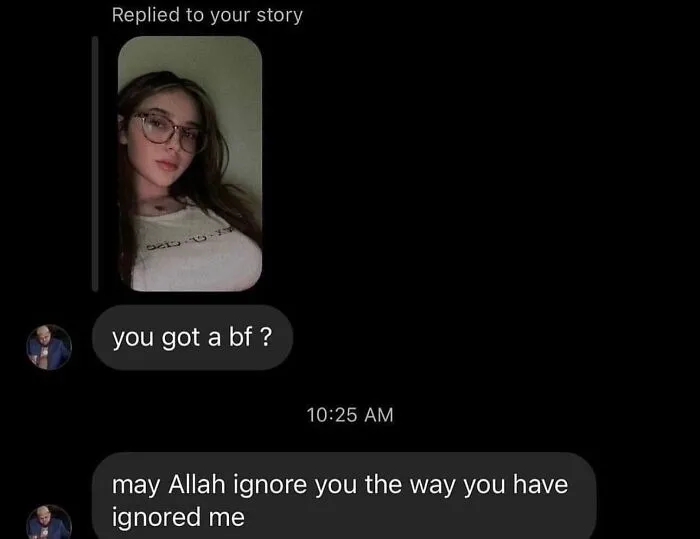 Awkward text screenshots of an ignored story reply leading to a dramatic follow-up message