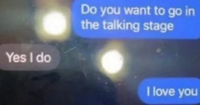 Awkward text screenshots displaying a fast-moving conversation about moving to the talking stage