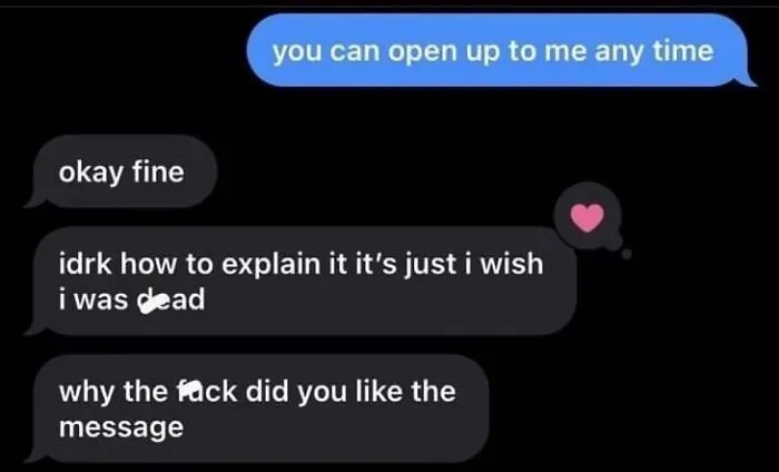 Awkward text screenshot showing a user placing a heart reaction on a sad message