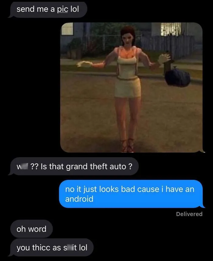 Funny text screenshots showing a low-res Grand Theft Auto character sent instead of a personal picture.