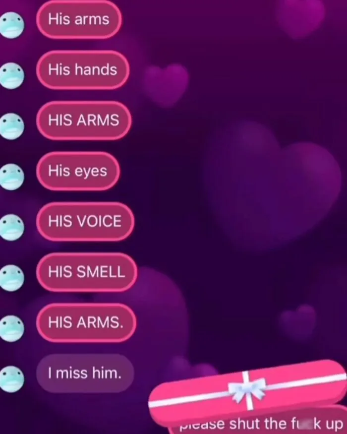 Awkward text screenshot of someone listing affectionate traits on a pink heart background and receiving a rude reply.