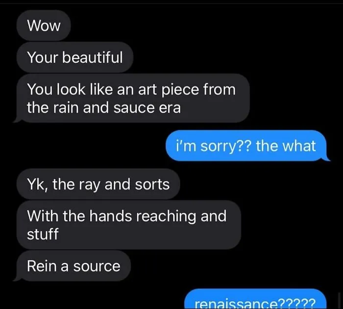 Funny text screenshot showing a spelling mistake trying to say Renaissance era as rain and sauce