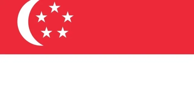National flag of Singapore with horizontal red and white stripes, white crescent moon, and five stars in top left.