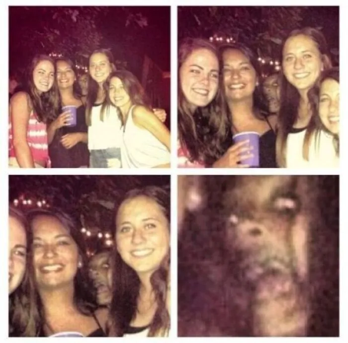 Four real-life photos showing friends together with an eerie background face resembling a horror movie scene.