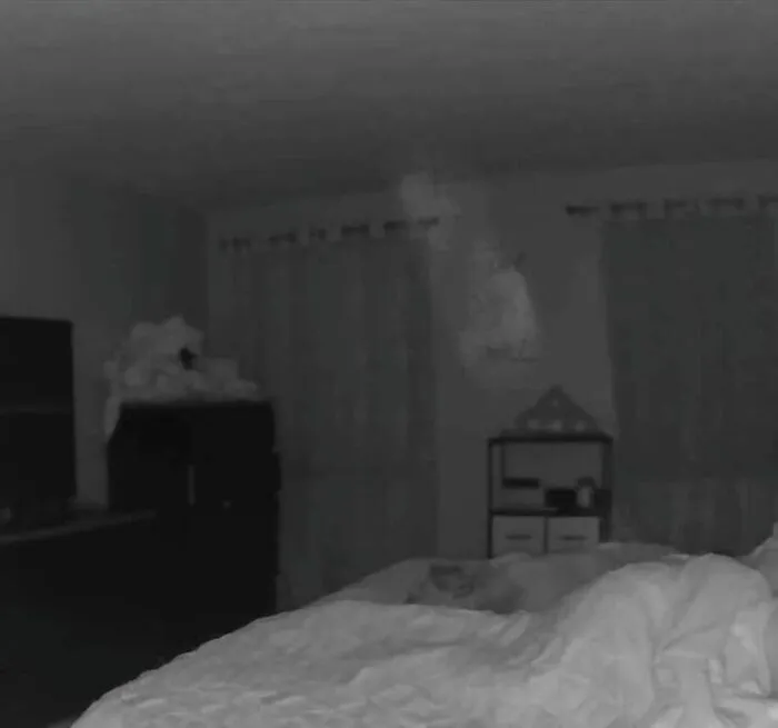 Monochrome night camera capture of a bedroom showing a ghostly figure resembling a horror movie scene.