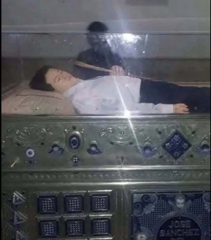 A glass display case with a corpse-like figure creating a scary scene resembling a horror movie.