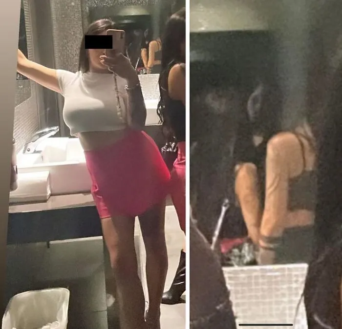 A bathroom mirror selfie revealing a creepy background detail that looks like a horror movie