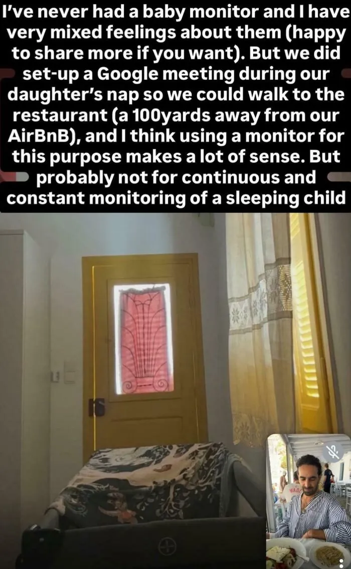 Influencers use a Google video call setup to monitor a baby room from a restaurant.