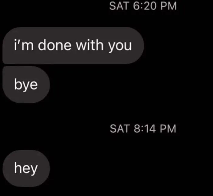 Awkward text screenshot where someone says bye and then texts hey less than two hours later.