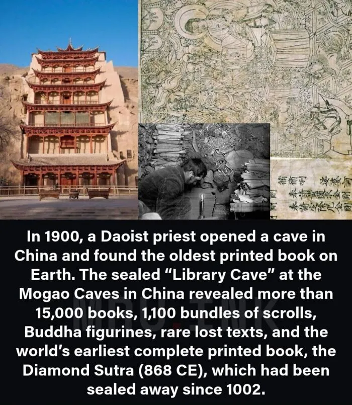 Mogao Caves temple and ancient scrolls from the Library Cave, representing fascinating photos and facts.