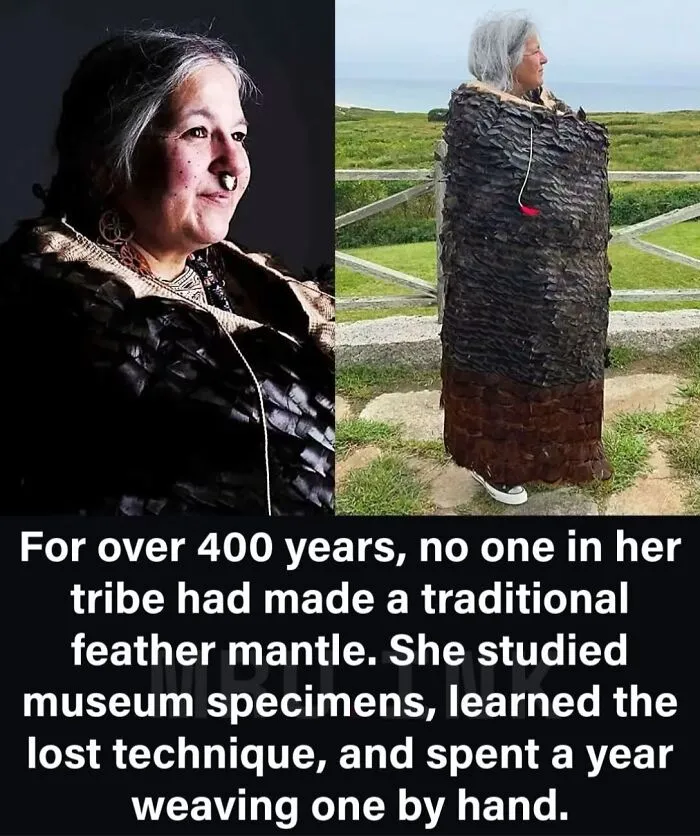 Indigenous woman wearing a handmade traditional feather mantle, showing strange photos and facts of world history.