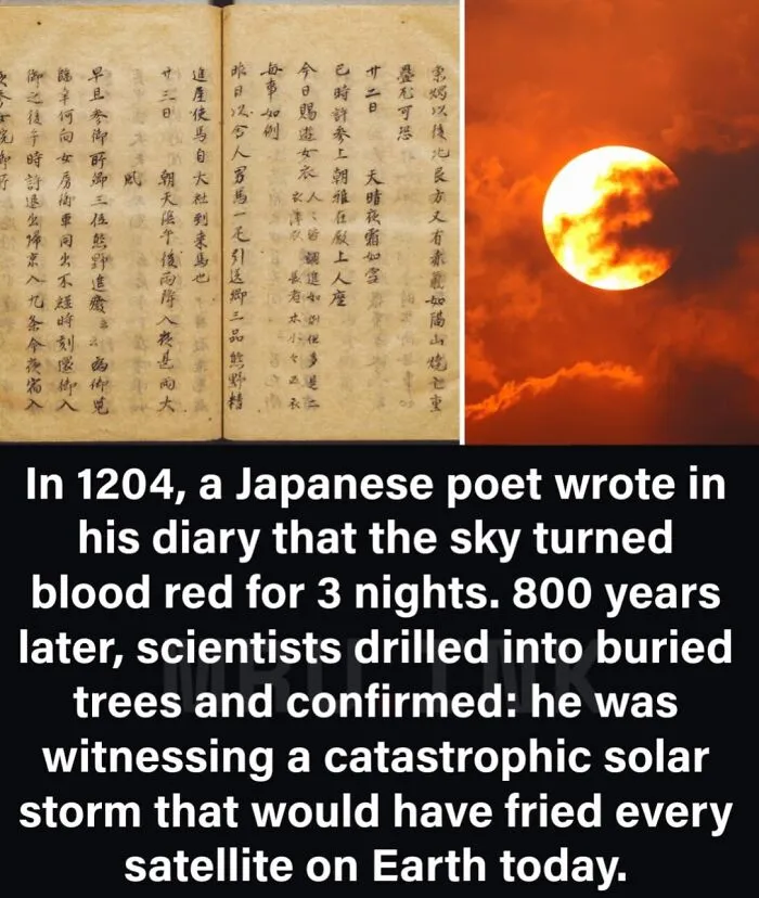An ancient Japanese manuscript beside a red sun, representing strange photos and historical facts