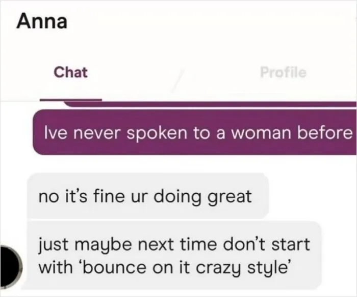 Awkward text screenshots from a chat app with an embarrassing pickup line