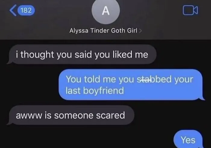 Awkward text screenshot showing a conversation about stabbing an ex boyfriend