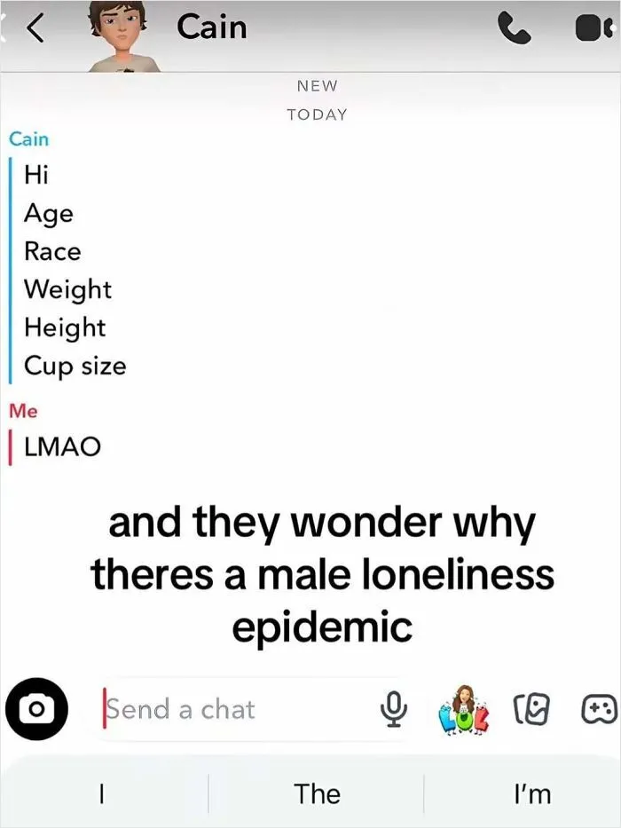 Awkward text screenshots of a messaging conversation asking personal questions with overlay text about loneliness