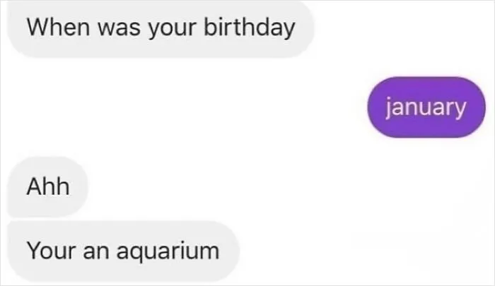 Awkward text screenshots displaying a funny typo confusing Aquarius with aquarium.
