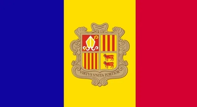 National flag of Andorra with coat of arms shown for users to identify this flag without hints.