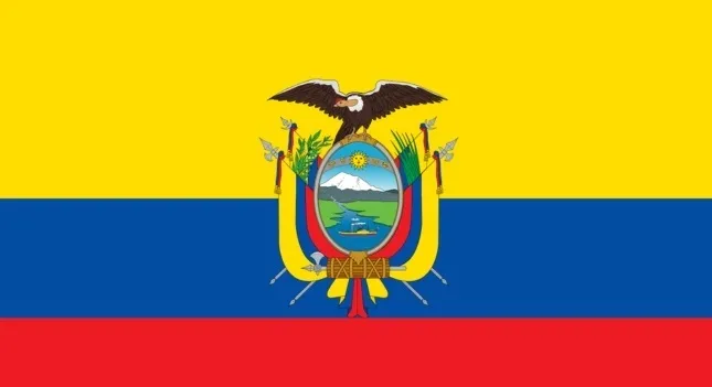 Flag of Ecuador with horizontal yellow, blue, and red stripes and coat of arms for identifying which nation's flag.