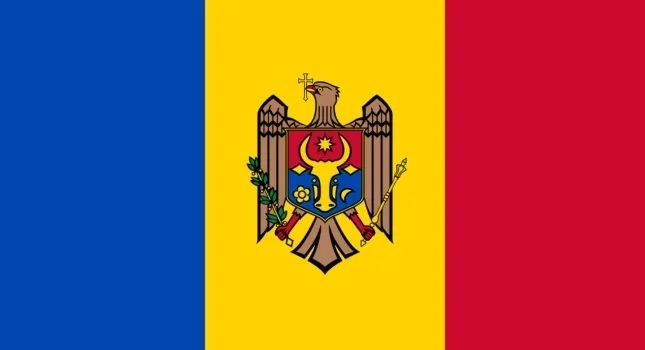 Flag of Moldova with blue, yellow, and red vertical stripes featuring a coat of arms, similar flags quiz.