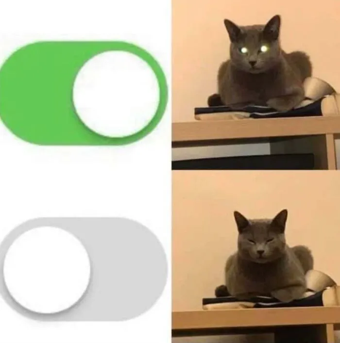 Funny cat memes depicting a cat with glowing eyes turning on and off like a toggle switch.