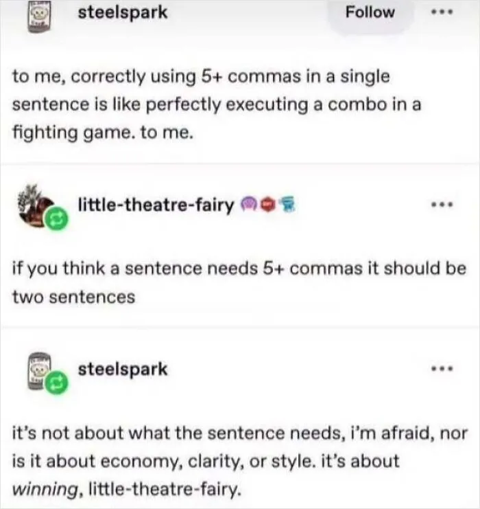 A humorous social media thread where someone is loudly proclaimed right about grammar choices.