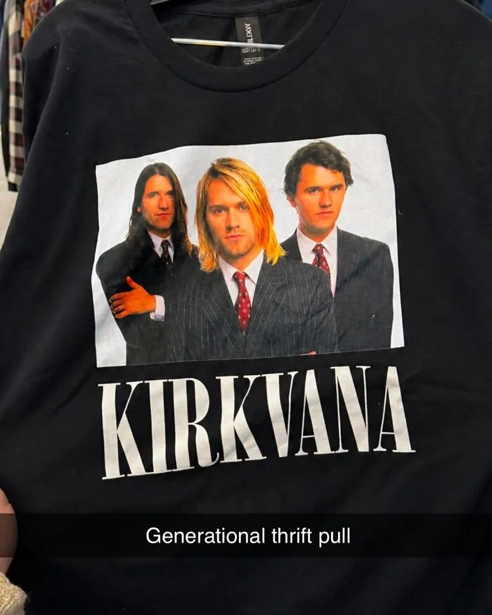 Black t-shirt displaying a parody band photo with the word Kirkvana.