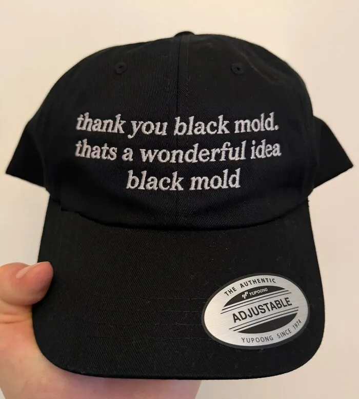 Black hat with text about black mold, featuring hilarious hats with unexpected texts.
