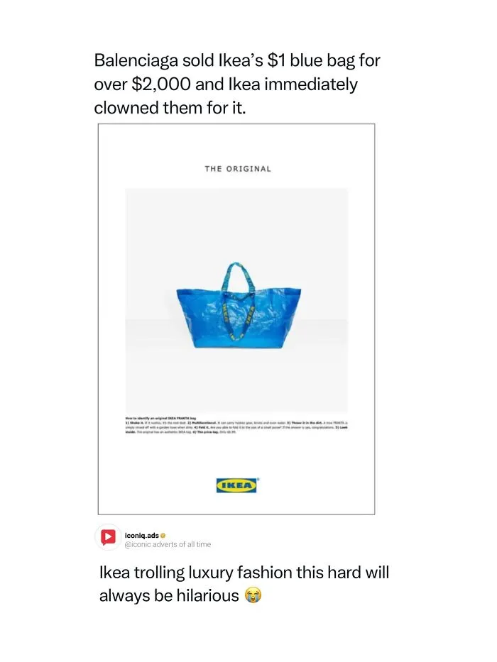 Ikea ad response to Balenciaga, showcasing iconic ads that feel like entertainment.
