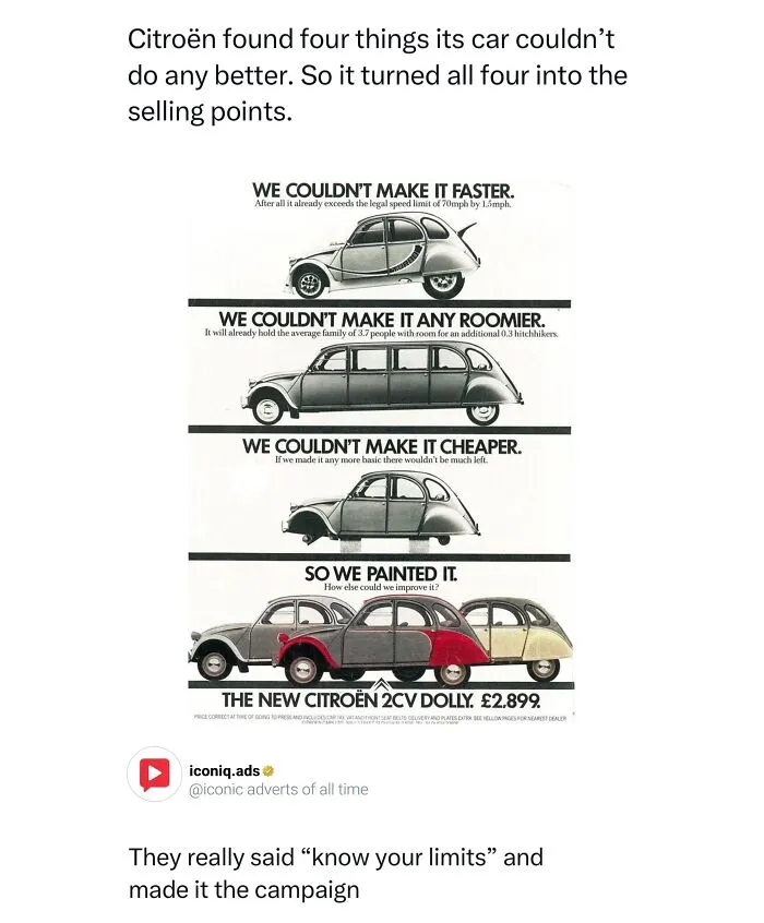Classic Citroen car print advertisement showing entertaining and iconic ads from history.