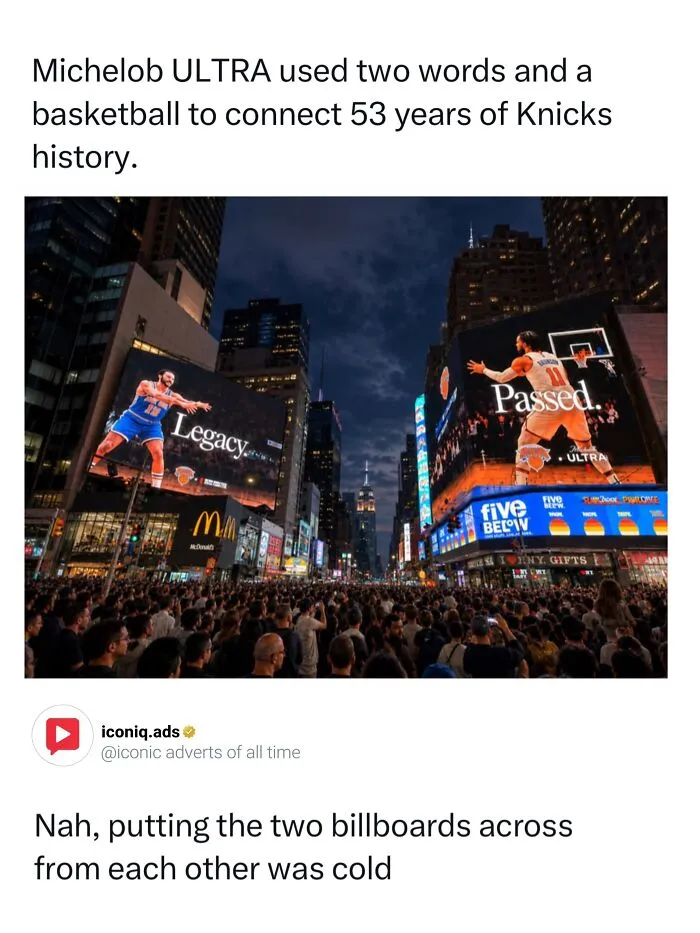 Two city billboards showing Knicks basketball players passing a ball to each other, highlighting entertaining ads.