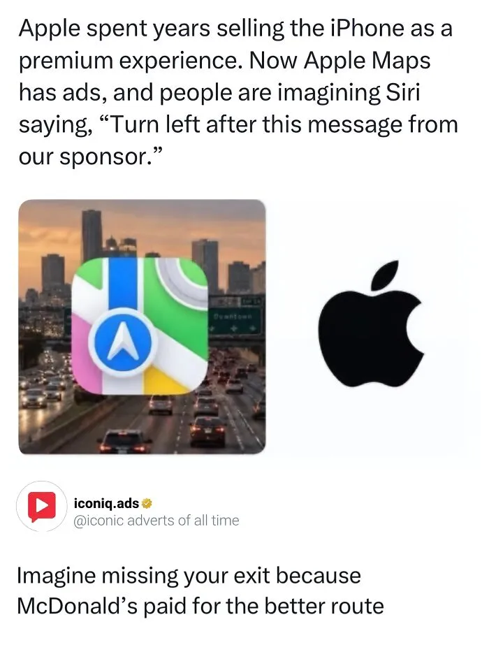 An Apple Maps icon next to the Apple logo above busy highway traffic, showcasing entertaining ads.