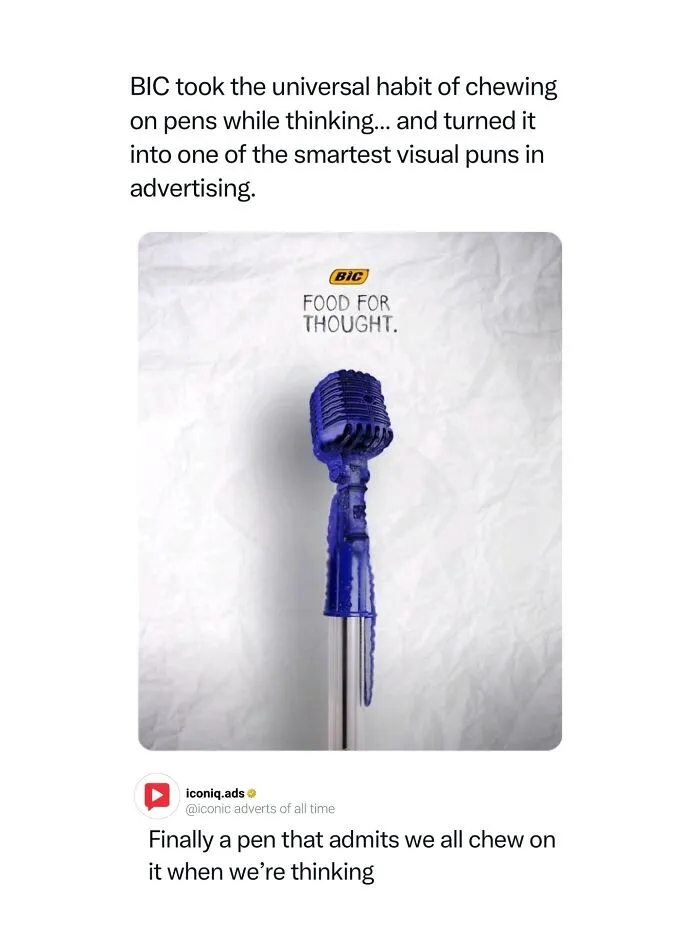 BIC pen cap chewed into the shape of a microphone, featured as entertaining and iconic ads.