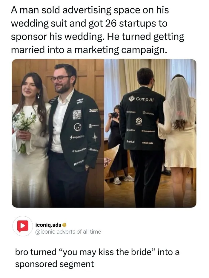 Groom wearing a suit jacket with sponsor logos, showcasing entertaining and iconic ads.